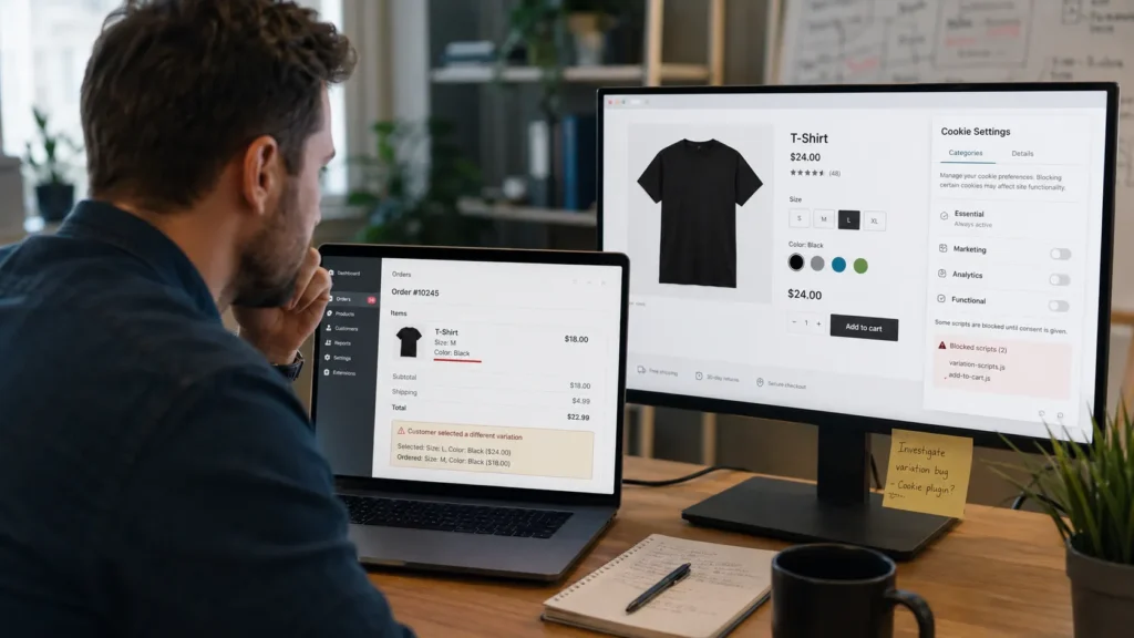 Developer investigating a WooCommerce product variation error caused by blocked scripts in a cookie consent plugin